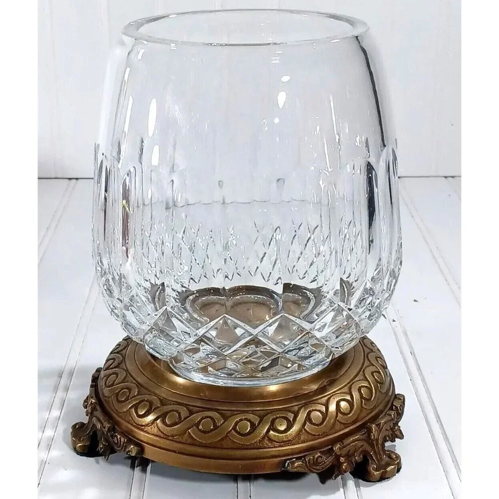 CASTILIAN  LEAD CUT CRYSTAL BRONZE PEDESTAL CANDLE LAMP CENTERPIECE BOWL VASE - Picture 9 of 11